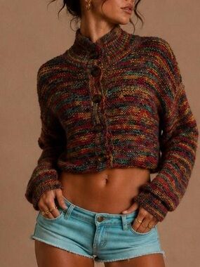 BDG Multicolor Cropped Knit Button-Up Sweater